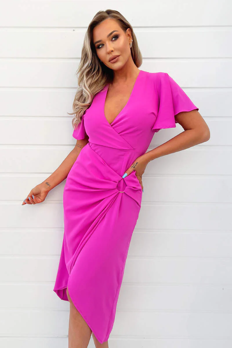 Hot Pink Short Sleeve V-Neck Buckle Wrap Midi Dress - Image 3