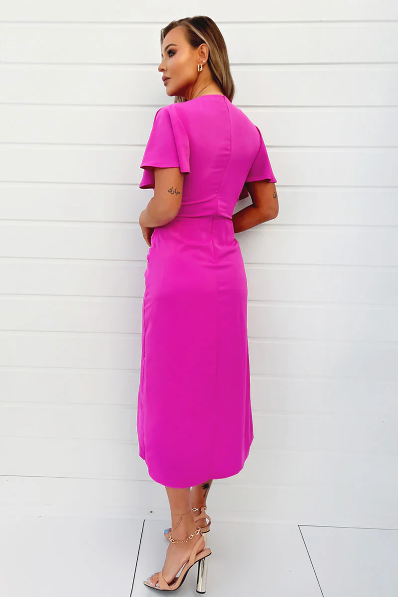 Hot Pink Short Sleeve V-Neck Buckle Wrap Midi Dress - Image 4
