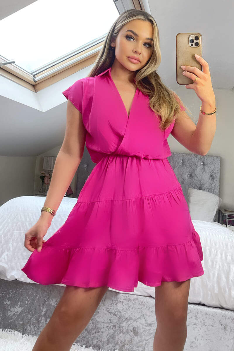 Hot Pink Short Sleeve V-Neck Mini Smock Dress - Image 2