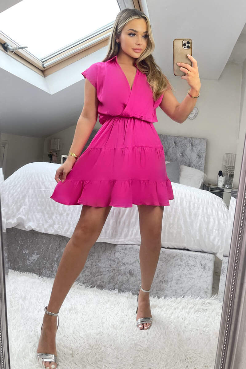 Hot Pink Short Sleeve V-Neck Mini Smock Dress - Image 3