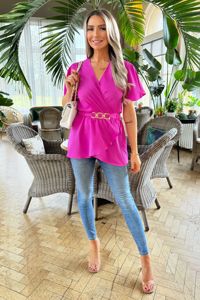 Hot Pink Short Sleeve Wrap Belted Top - Image 2