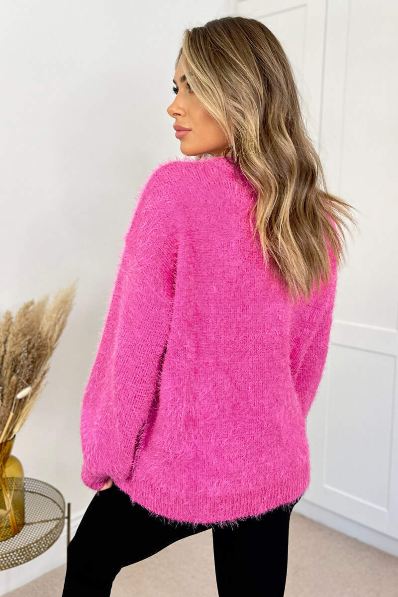 Hot Pink Soft Knit Round Neck Long Balloon Sleeve Knitted Jumper - Image 4