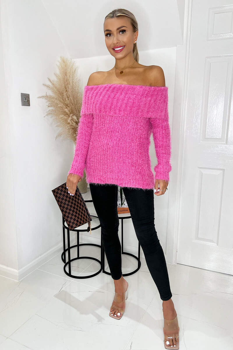 Hot Pink Wide Roll Neck Long Sleeve Fluffy Knitted Jumper - Image 2