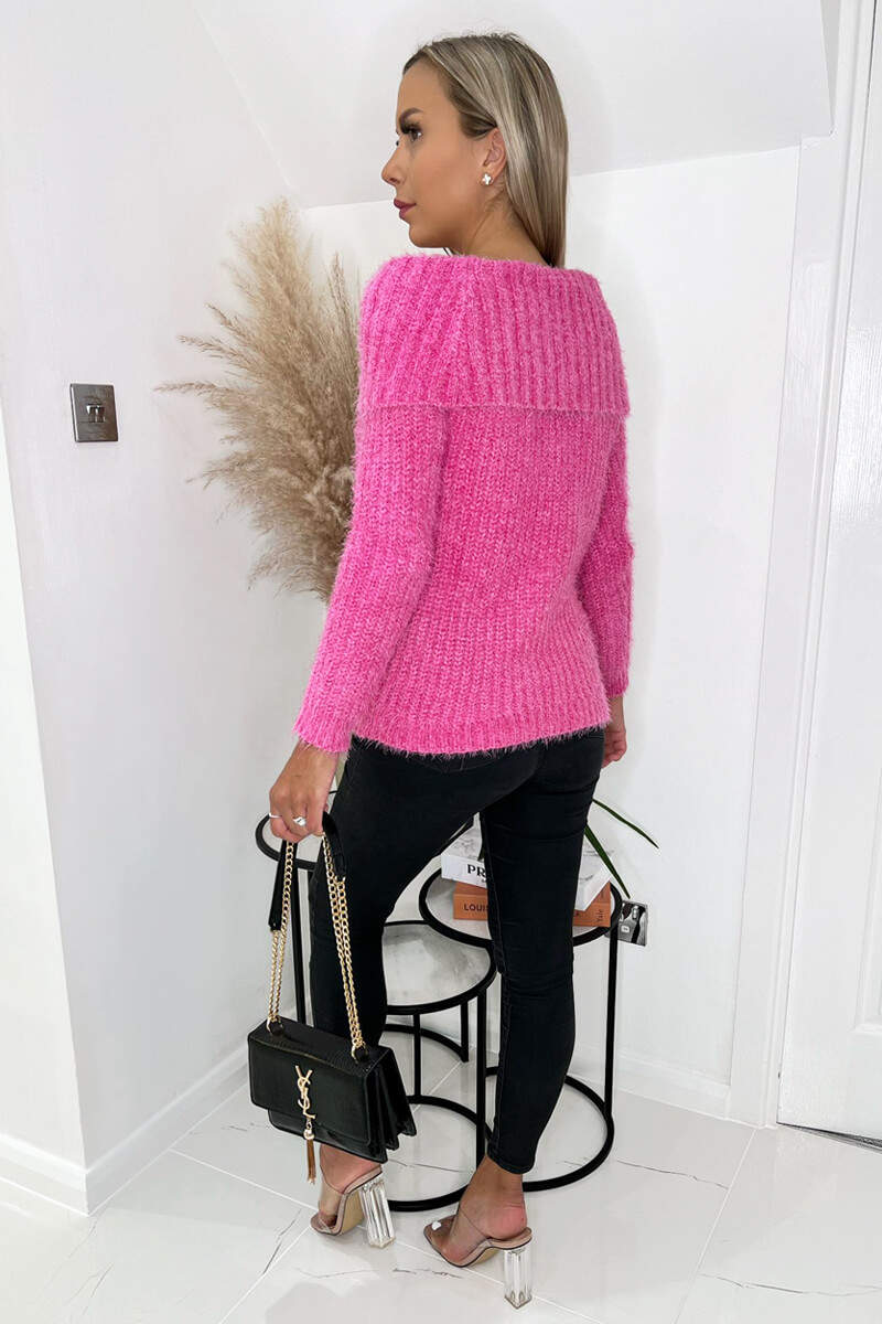 Hot Pink Wide Roll Neck Long Sleeve Fluffy Knitted Jumper - Image 6