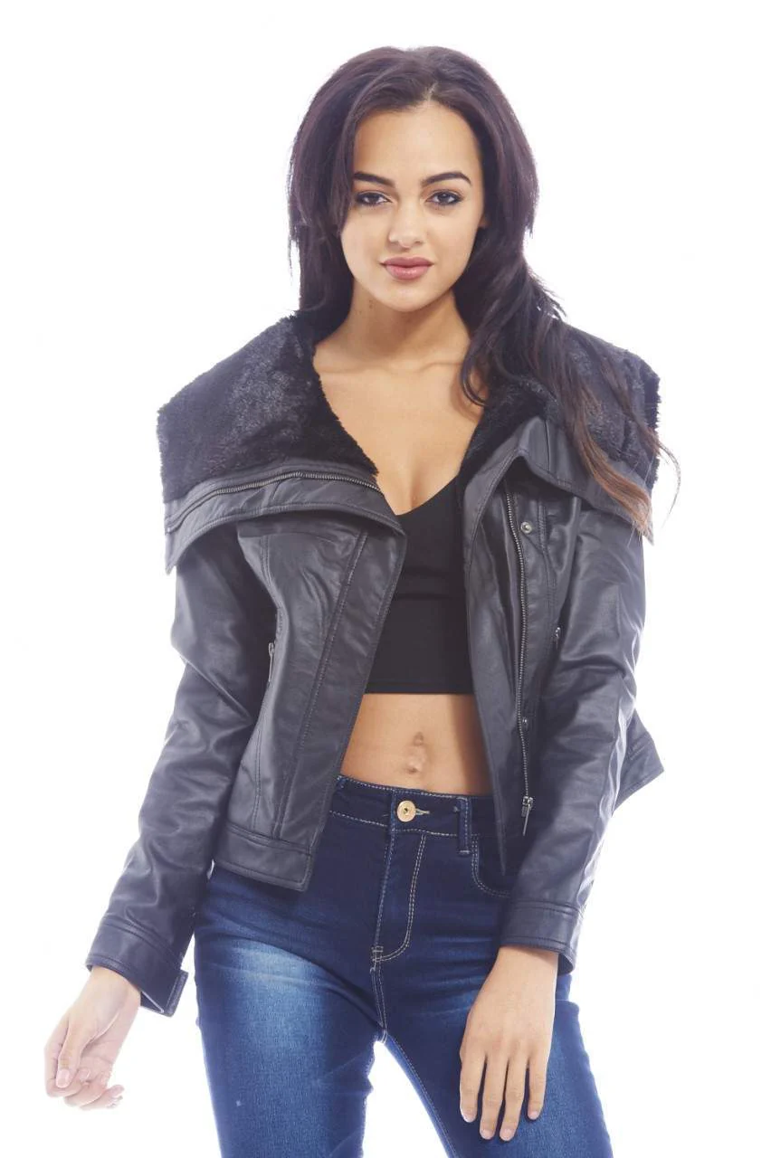 Insert  Fur Collar Quilted PU Jacket - Image 3
