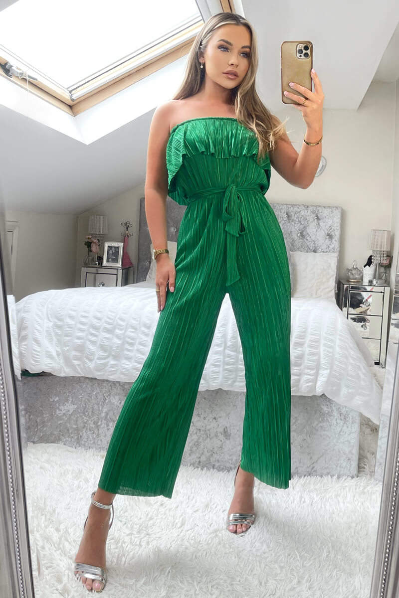 Jade Green Plisse Bardot Jumpsuit - Image 2