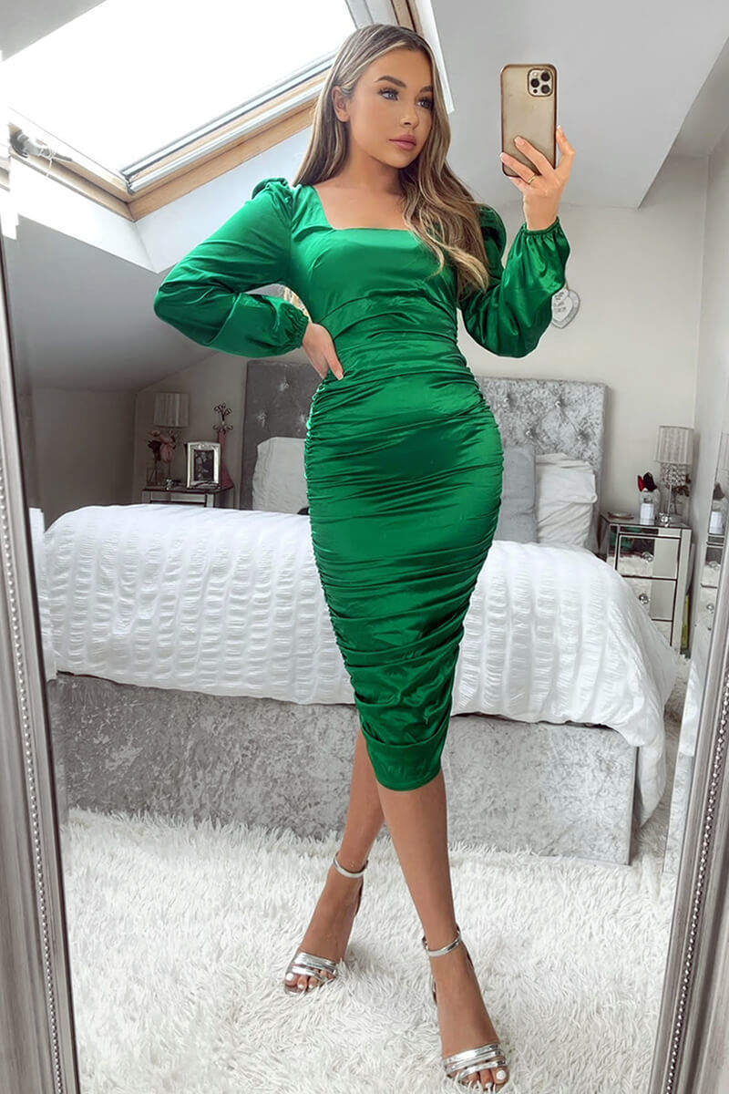 Jade Green Satin Square Neck Ruched Dress - Image 2