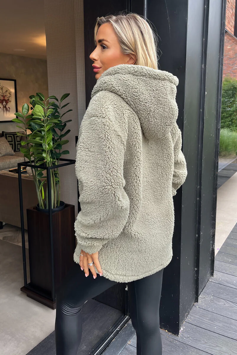 Khaki 1/4 Zip Teddy Hoodie - Image 3
