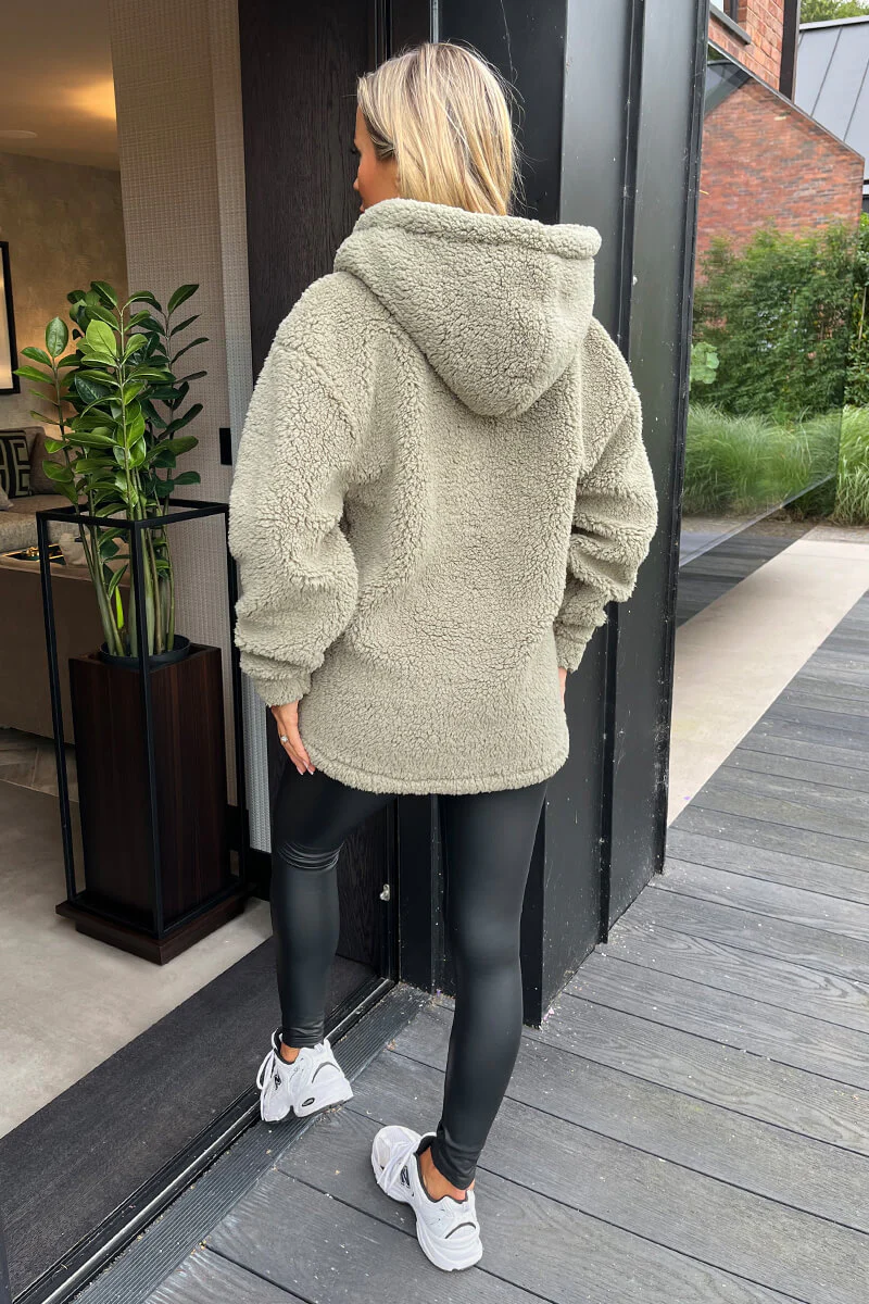 Khaki 1/4 Zip Teddy Hoodie - Image 4