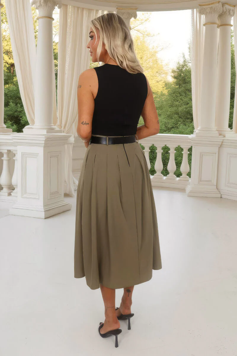 Khaki 2 in 1 Pleated Skirt Belted Midi Dress - Image 5