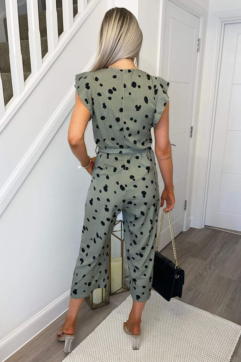 Khaki And Black Dotty Wrap Front Belted Jumpsuit - Image 4