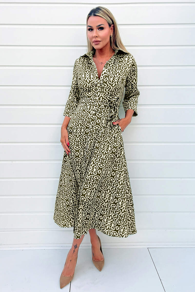 Khaki And Cream Print Shirt Midi Dress - Image 4