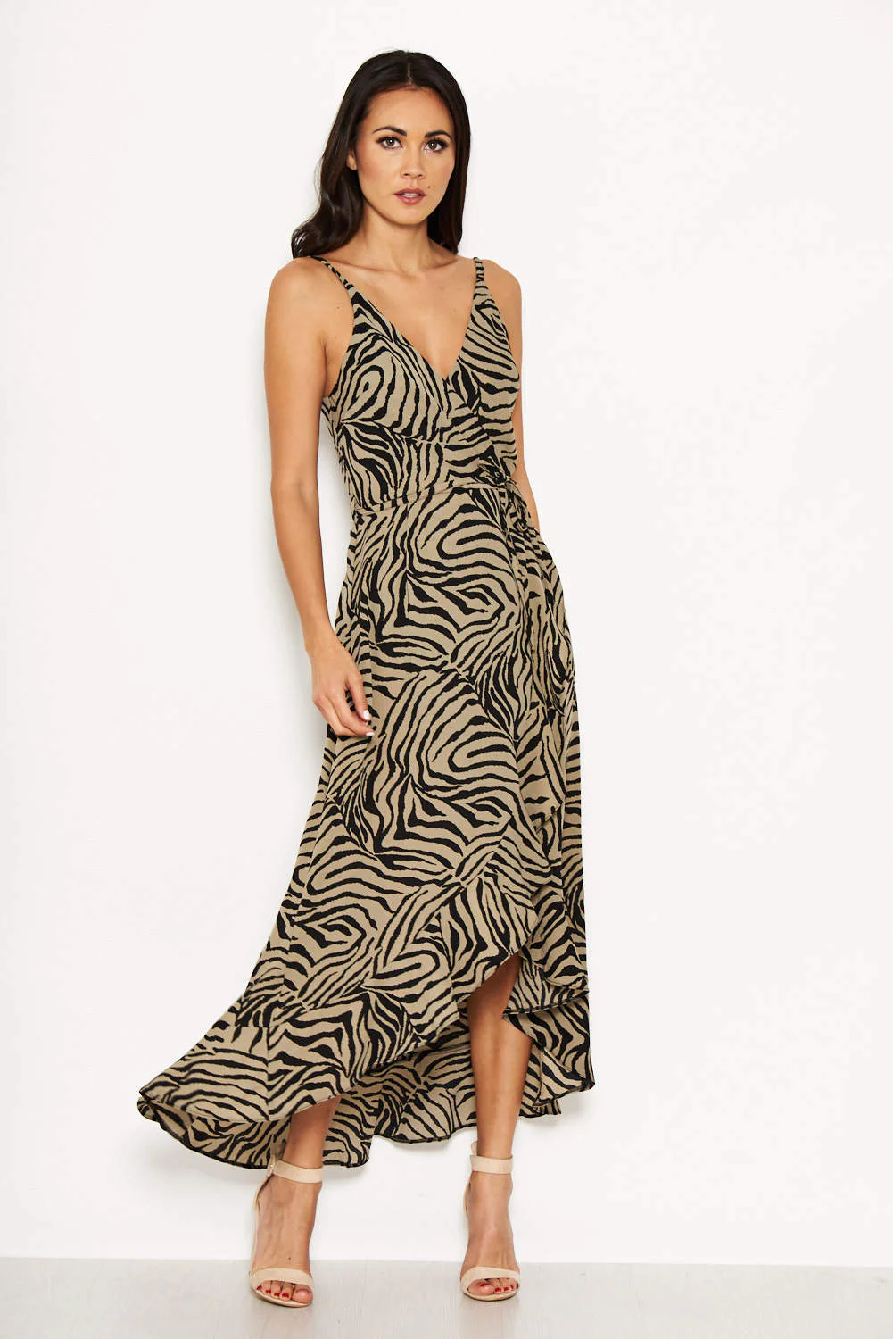 Khaki Animal Print Frill Hem Dress - Image 5