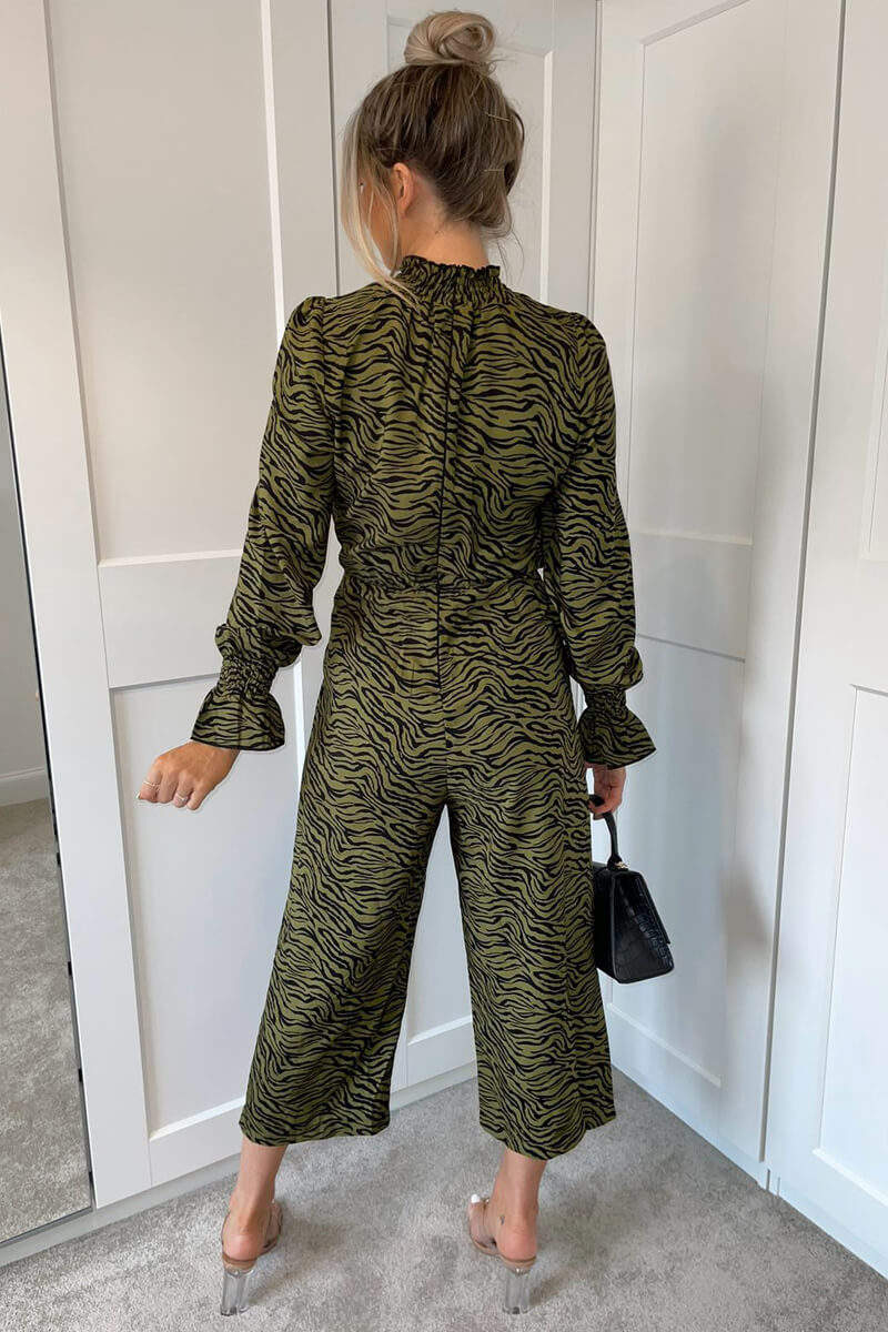 Khaki Animal Print Long Sleeve High Neck Jumpsuit - Image 4