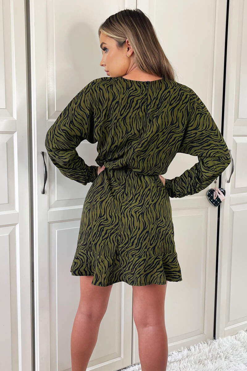 Khaki Animal Print Long Sleeve Mini Skater Dress - Image 5