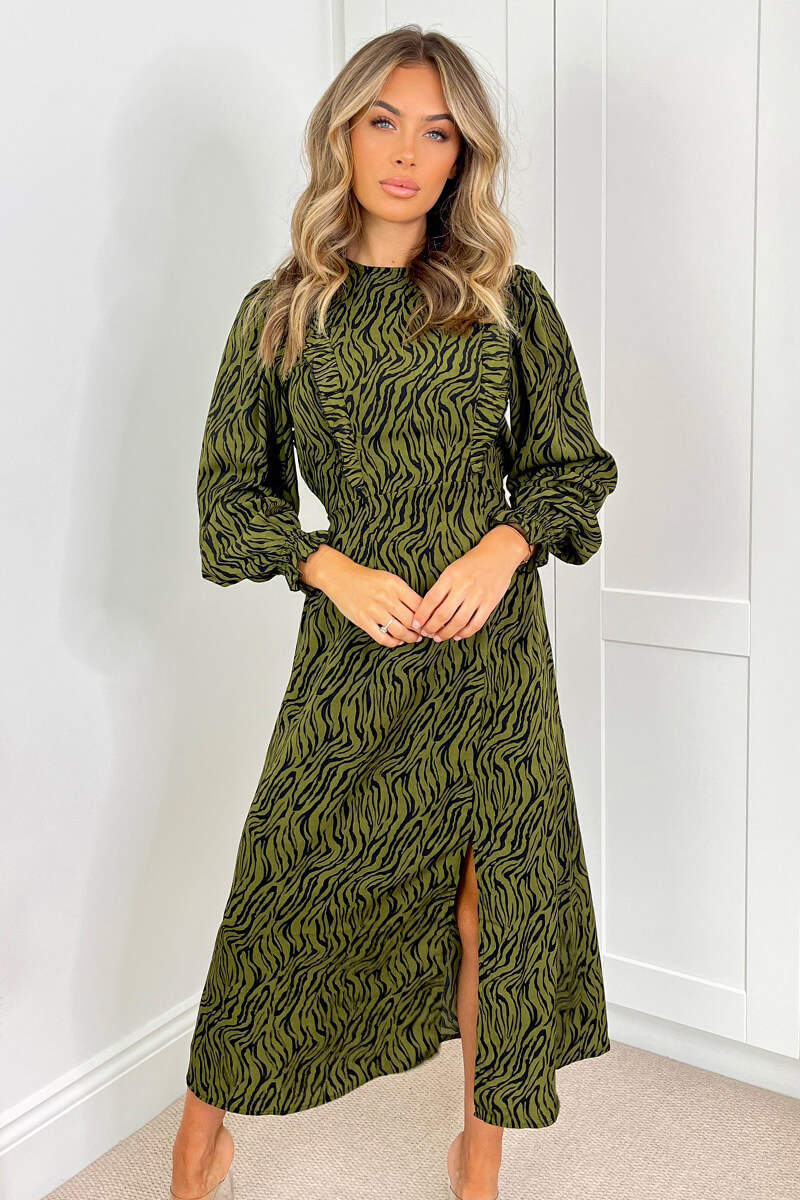 Khaki Animal Print Long Sleeve Ruffle Front Midi Dress - Image 2
