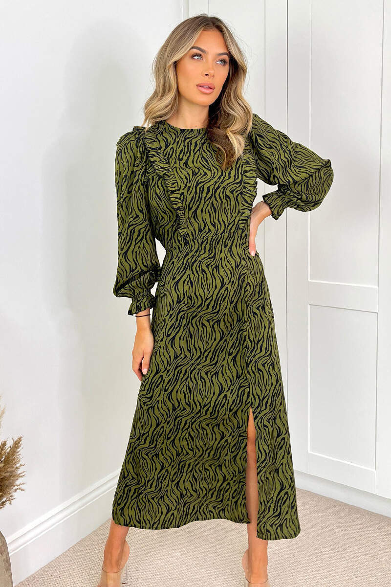 Khaki Animal Print Long Sleeve Ruffle Front Midi Dress - Image 3