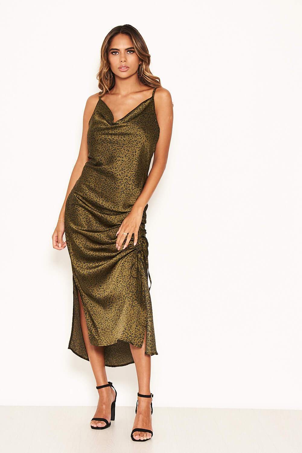 Khaki Animal Print Ruched Detail Midi Dress - Image 3