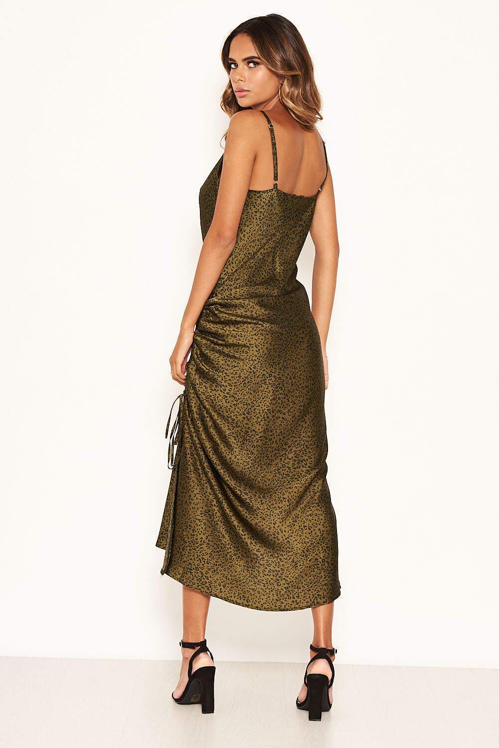 Khaki Animal Print Ruched Detail Midi Dress - Image 4