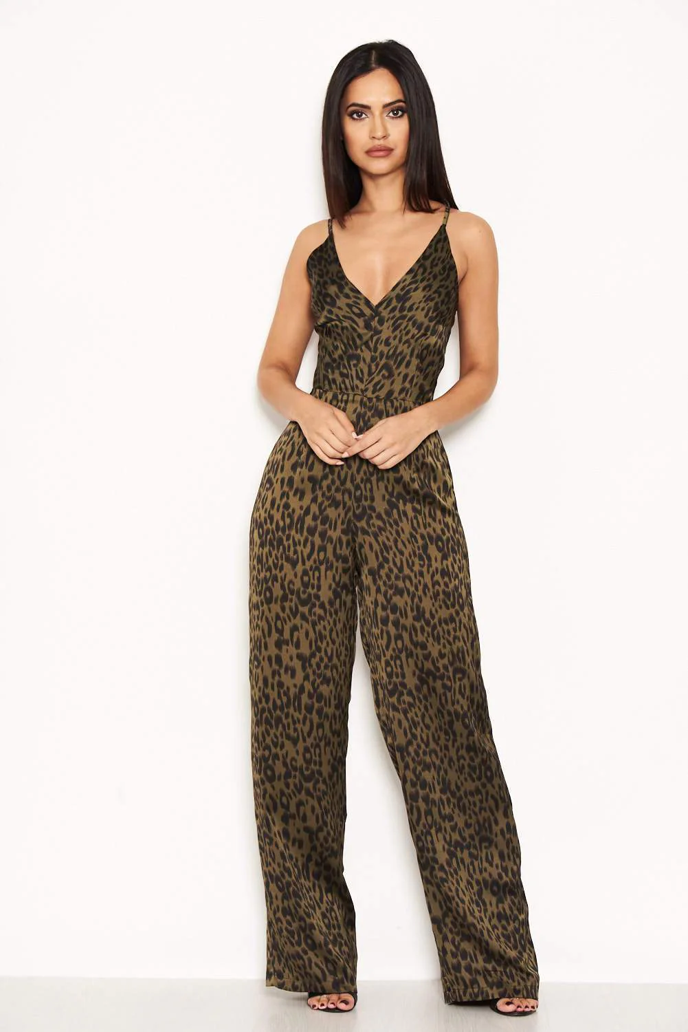 Khaki Animal Print V Neck Jumpsuit - Image 2