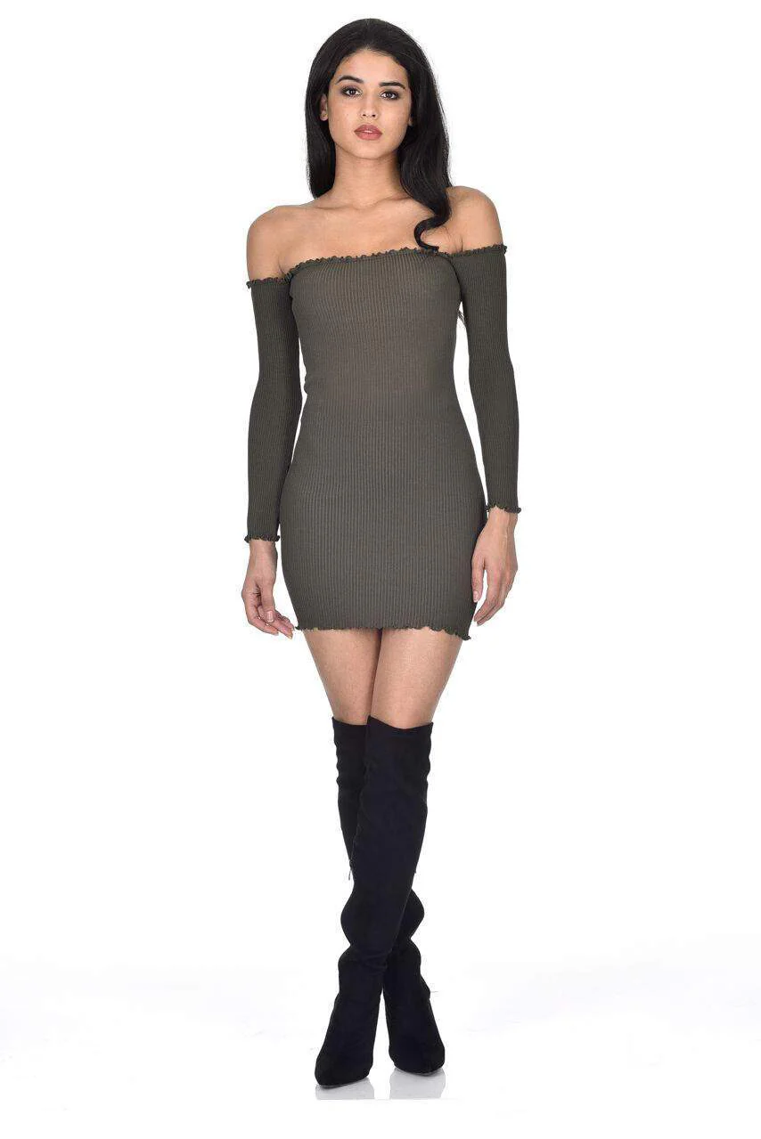 Khaki Bardot Ruffle Detail Knit Dress - Image 2