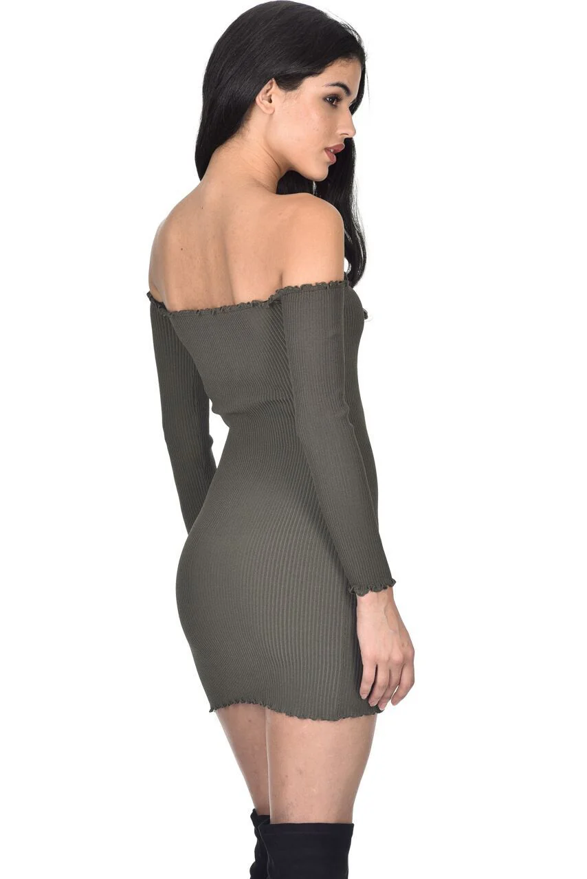 Khaki Bardot Ruffle Detail Knit Dress - Image 3