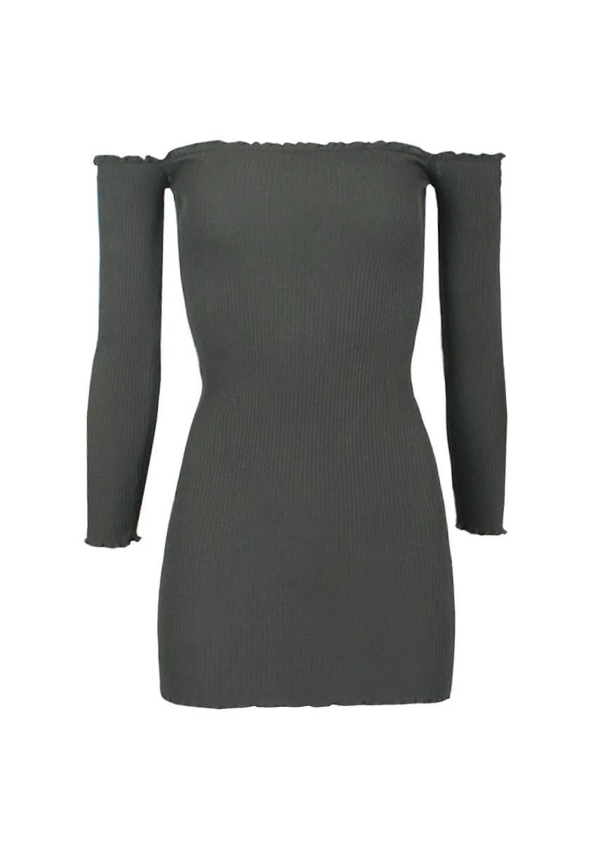 Khaki Bardot Ruffle Detail Knit Dress - Image 4