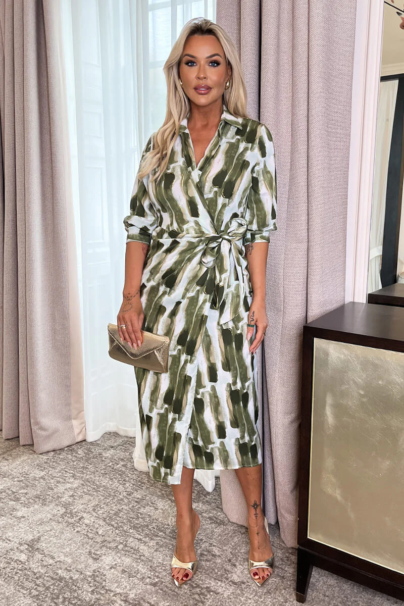 Khaki Brush Stroke Print 3/4 Sleeve Tie Waist Wrap Shirt Midi Dress - Image 3