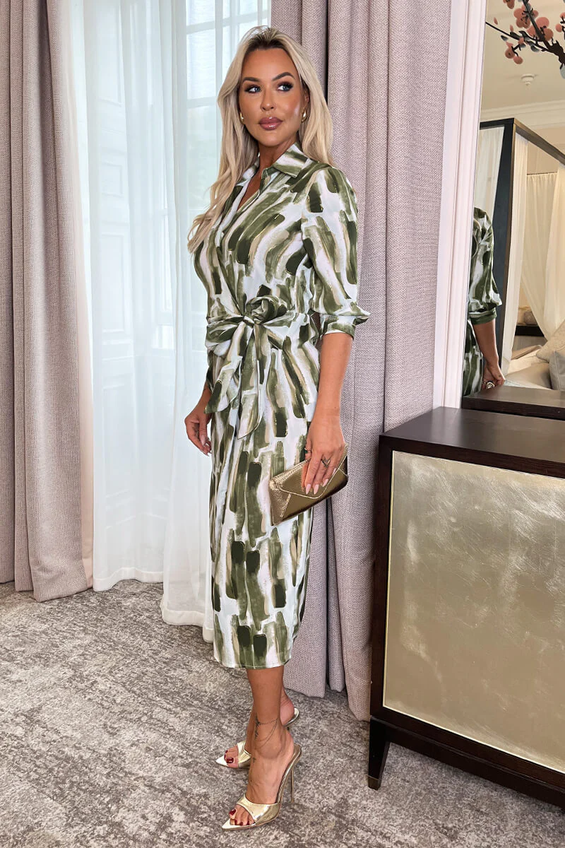 Khaki Brush Stroke Print 3/4 Sleeve Tie Waist Wrap Shirt Midi Dress - Image 4