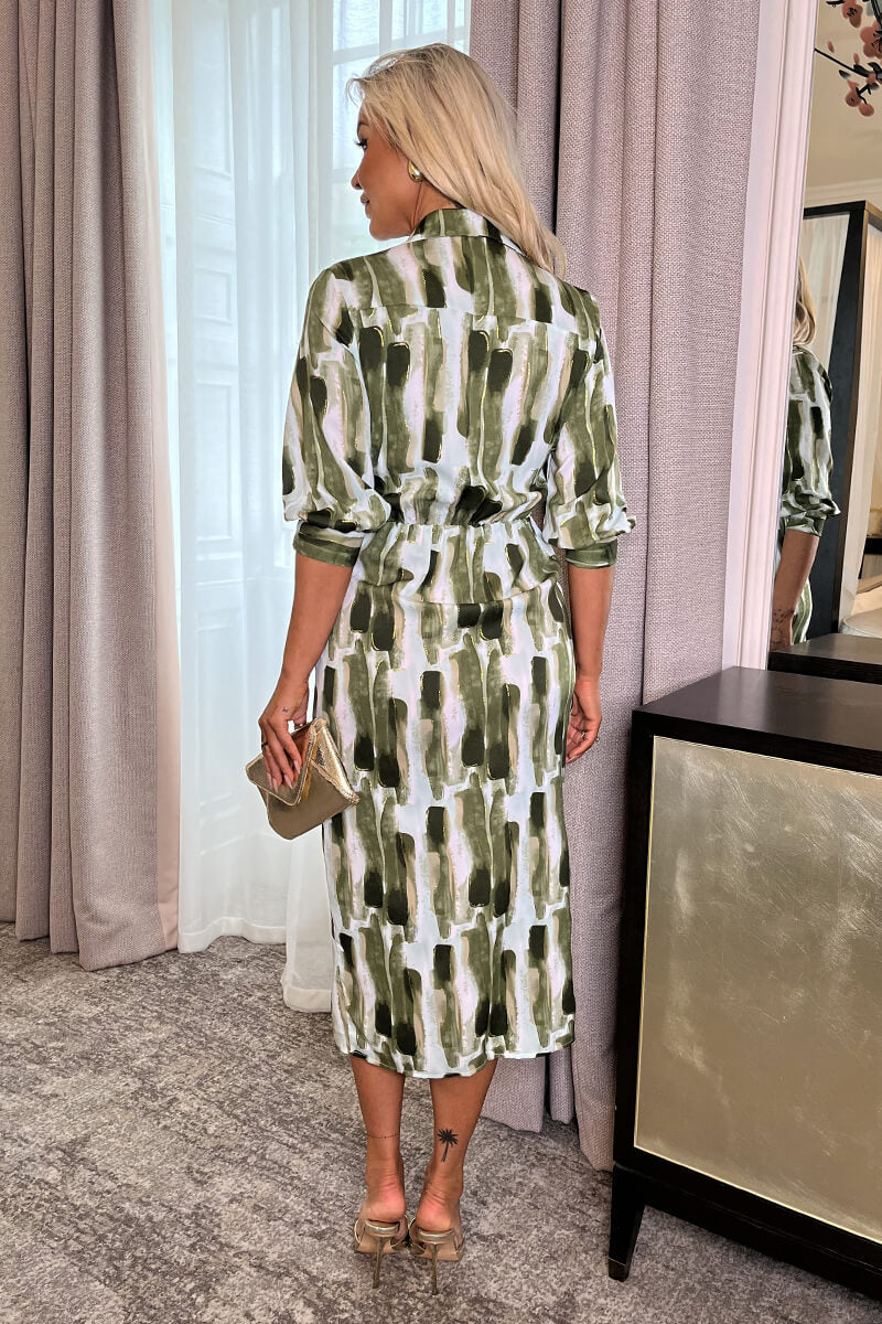 Khaki Brush Stroke Print 3/4 Sleeve Tie Waist Wrap Shirt Midi Dress - Image 5