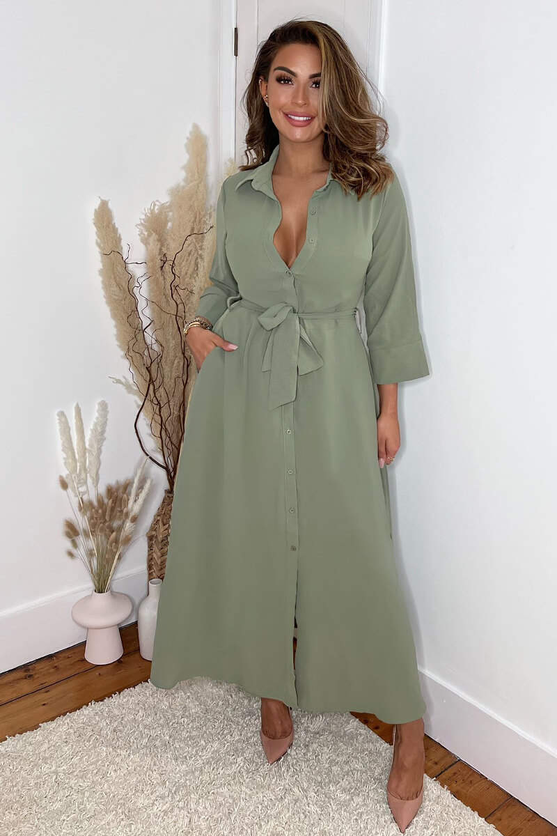Khaki Button Up Midi Shirt Dress - Image 2