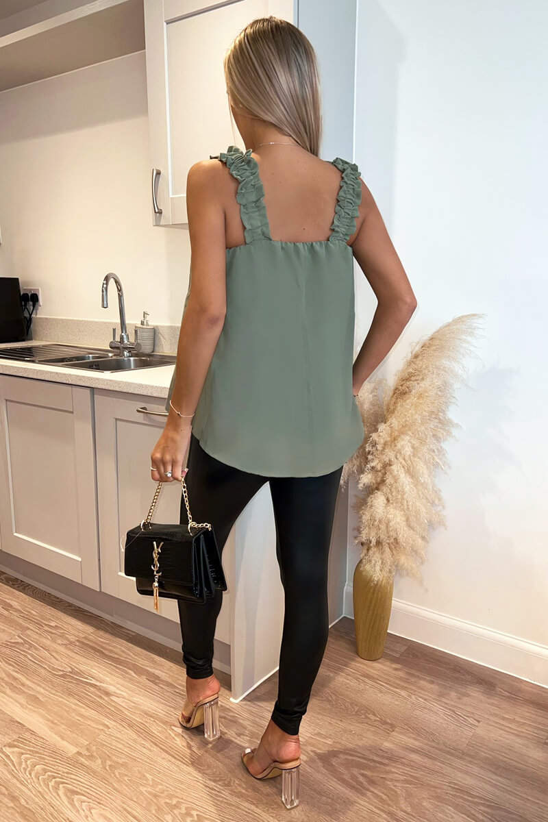 Khaki Elasticated Frill Strap Top - Image 4