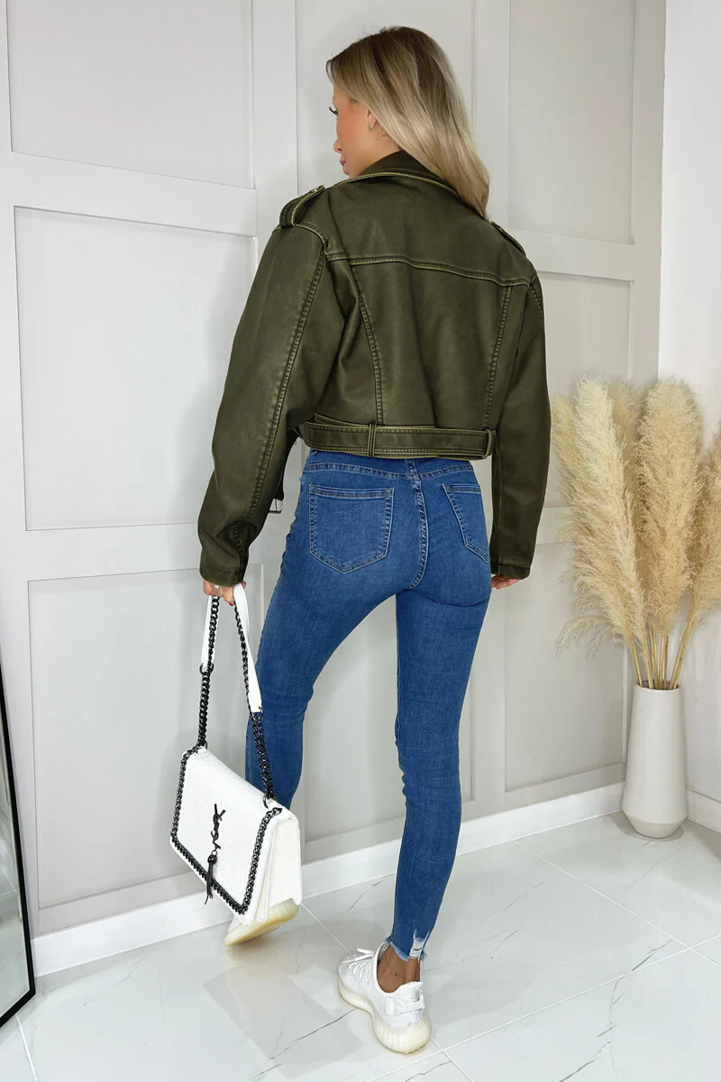 Khaki Faux Leather Cropped Jacket - Image 4