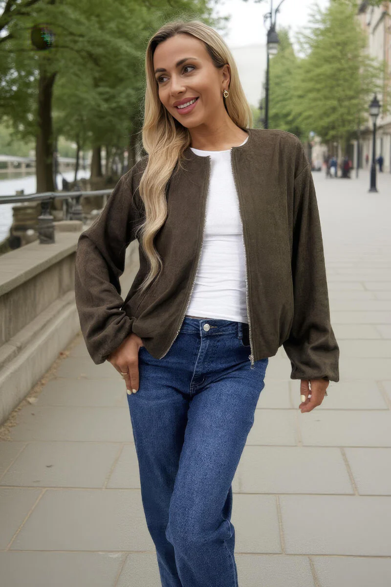 Khaki Faux Suede Bubble Hem Bomber Jacket - Image 3