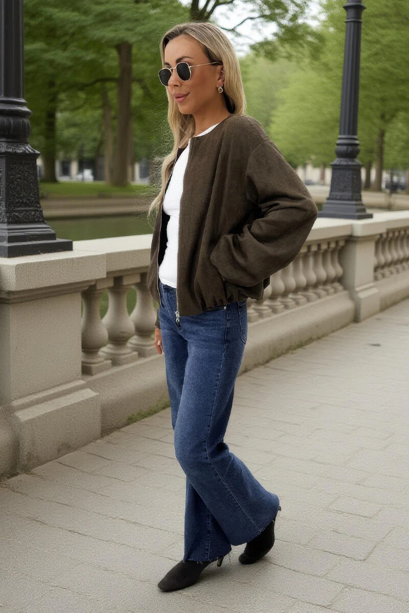 Khaki Faux Suede Bubble Hem Bomber Jacket - Image 4