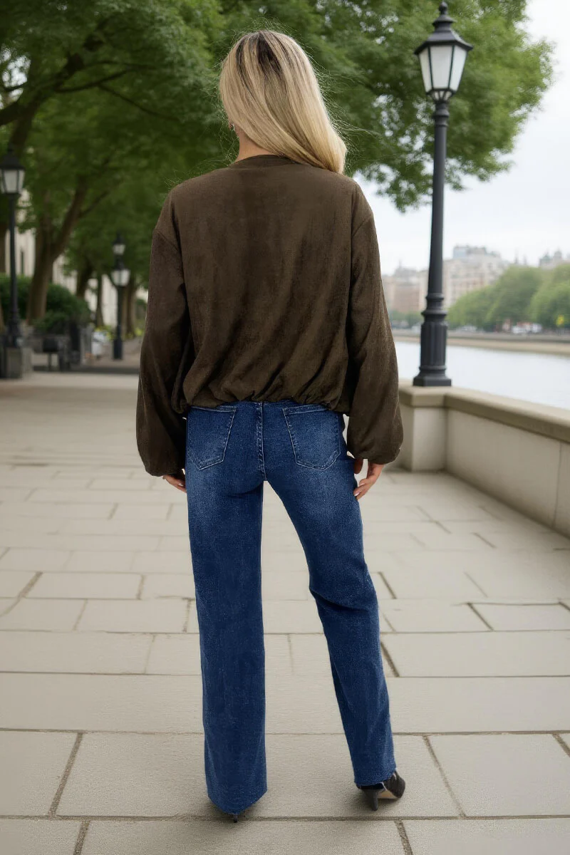 Khaki Faux Suede Bubble Hem Bomber Jacket - Image 5