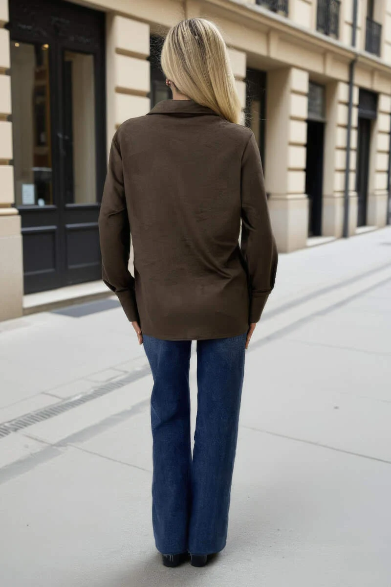 Khaki Faux Suede Long Sleeve Utility Shirt - Image 5