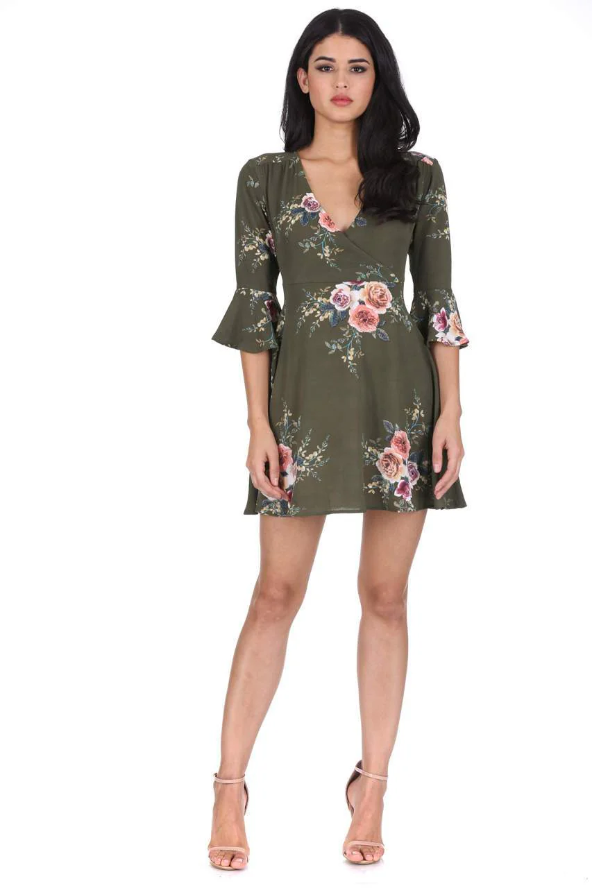 Khaki Floral Print Wrap Over Skater Dress - Image 2