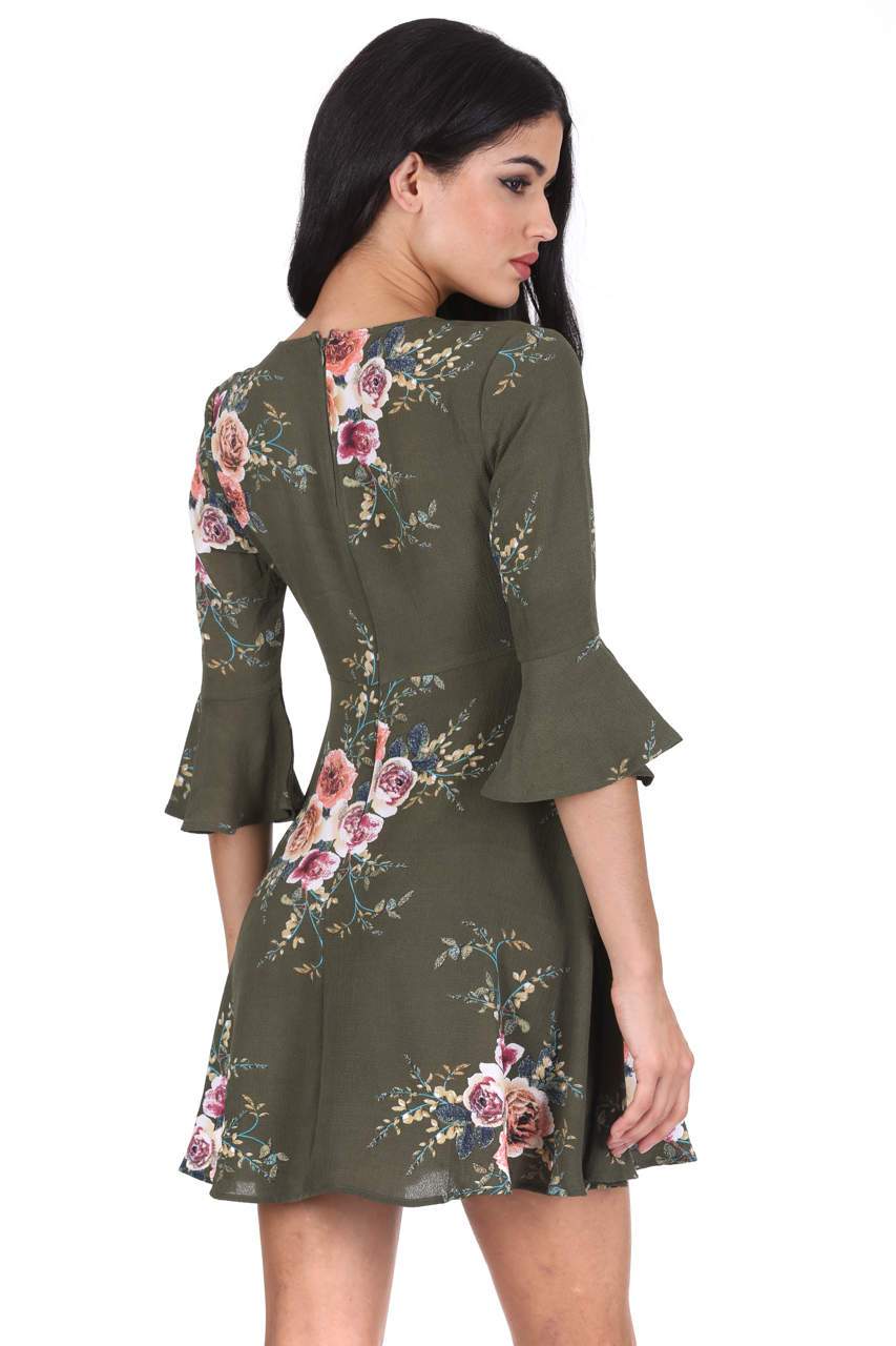 Khaki Floral Print Wrap Over Skater Dress - Image 3