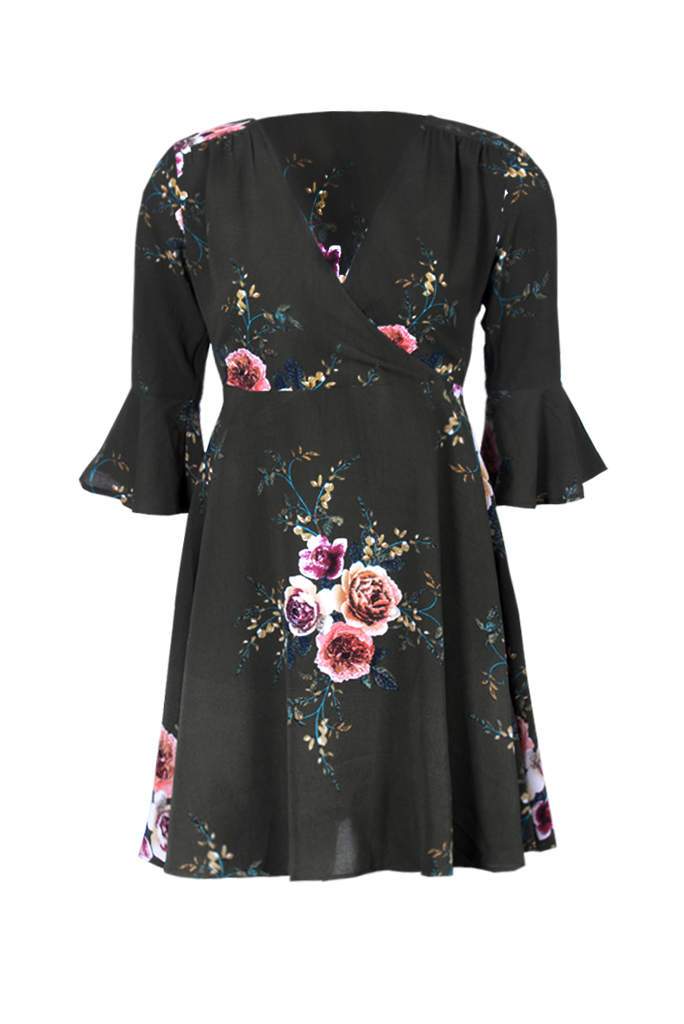 Khaki Floral Print Wrap Over Skater Dress - Image 4