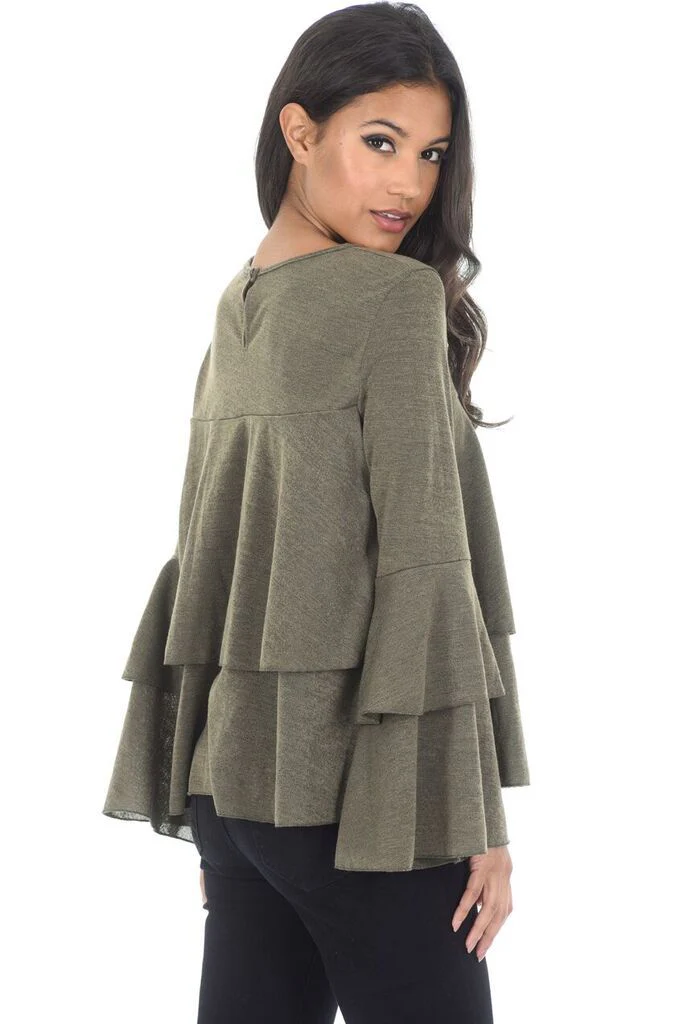 Khaki Frill Long Sleeve Jumper - Image 3