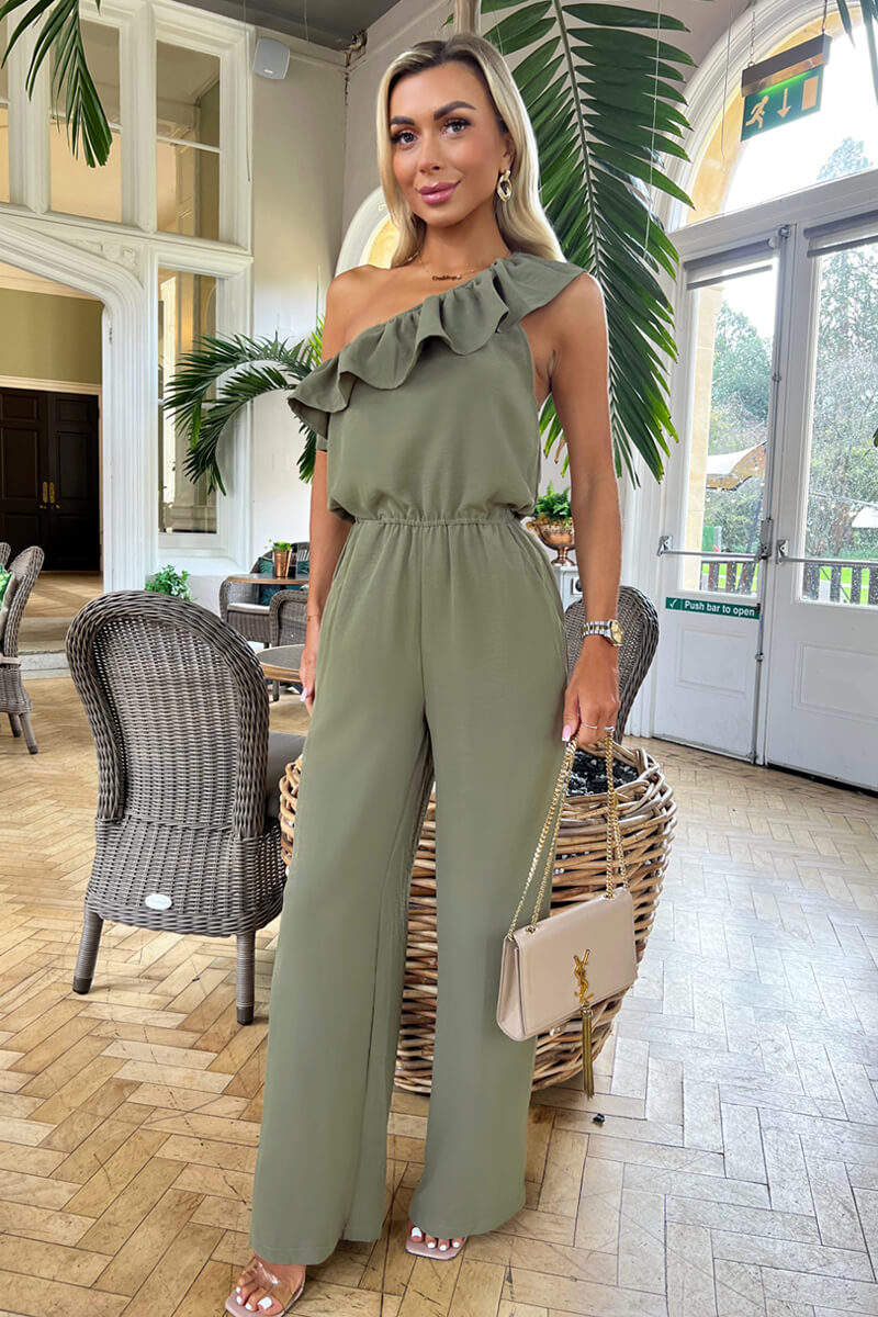 Khaki Frill One Shoulder Jumpsuit - Image 2