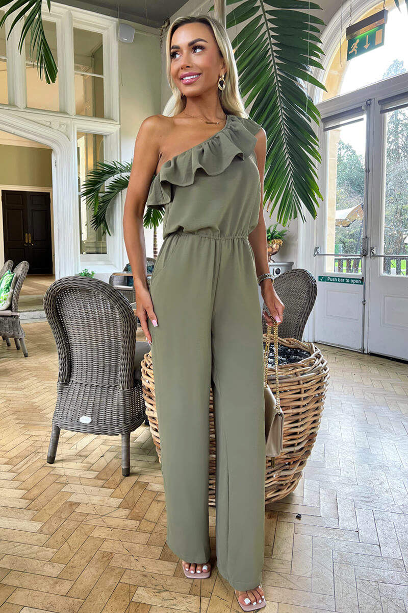 Khaki Frill One Shoulder Jumpsuit - Image 3