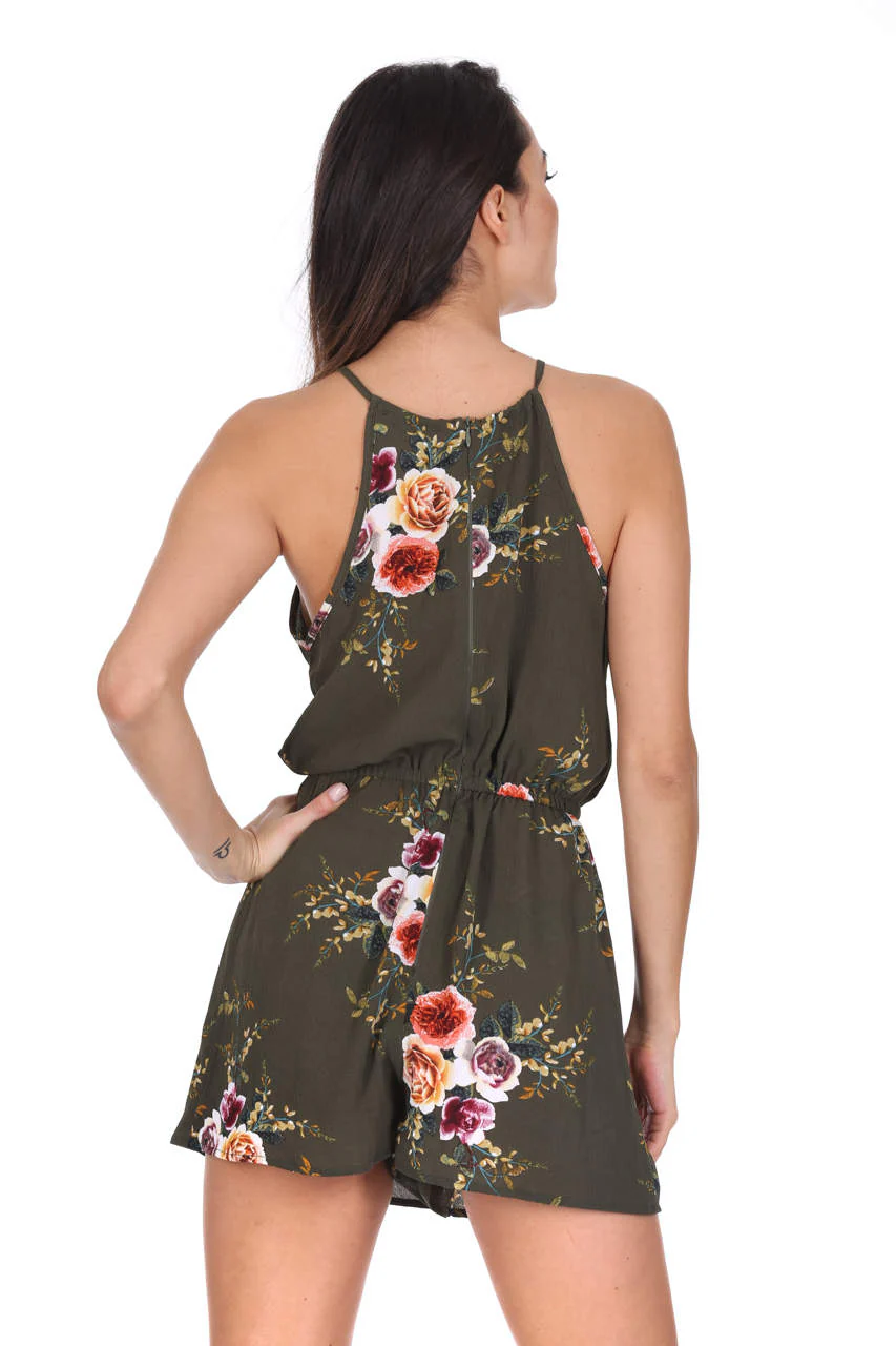 Khaki High Neck Floral Playsuit - Image 3