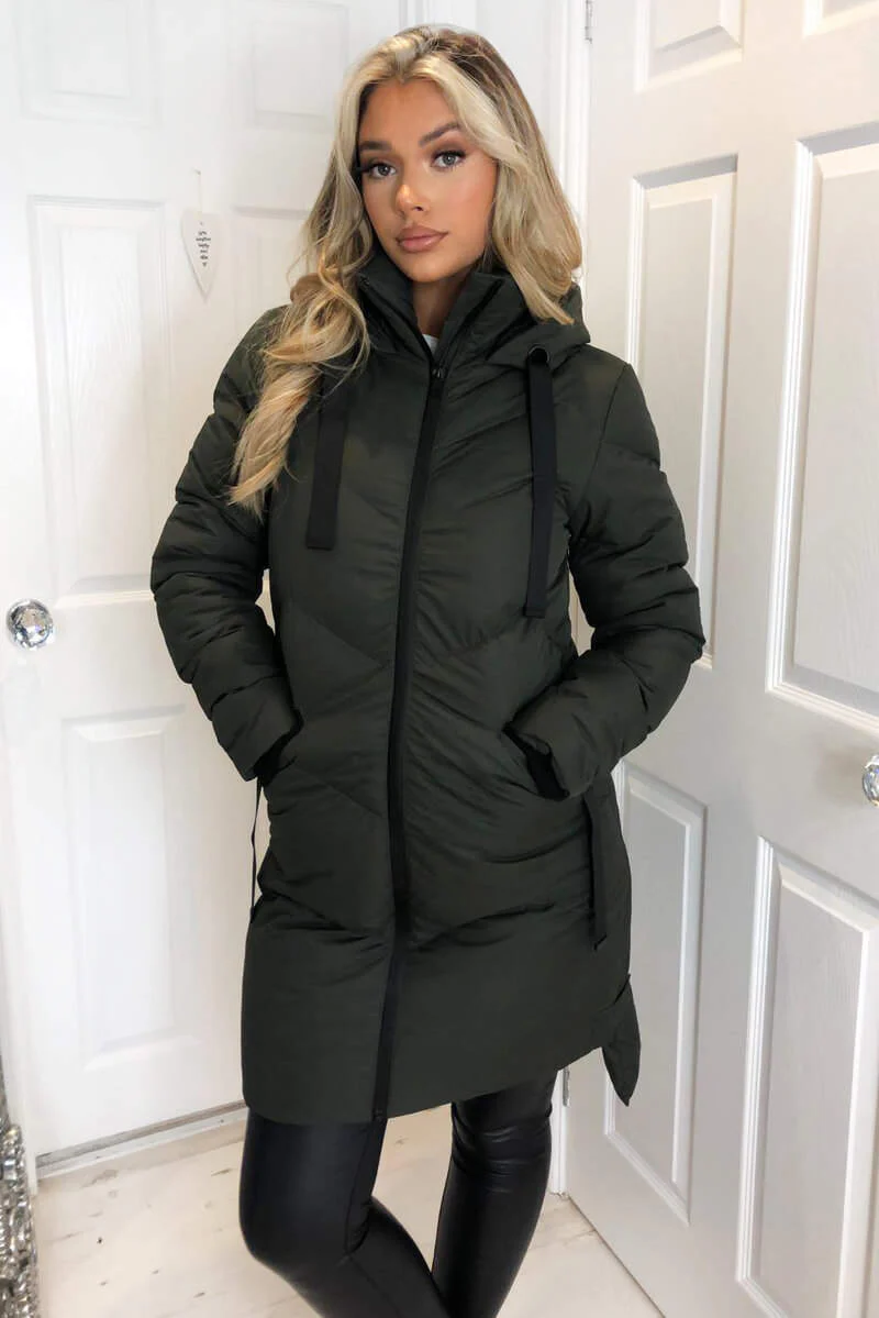 Khaki Hooded Long Line Puffer Coat - Image 3