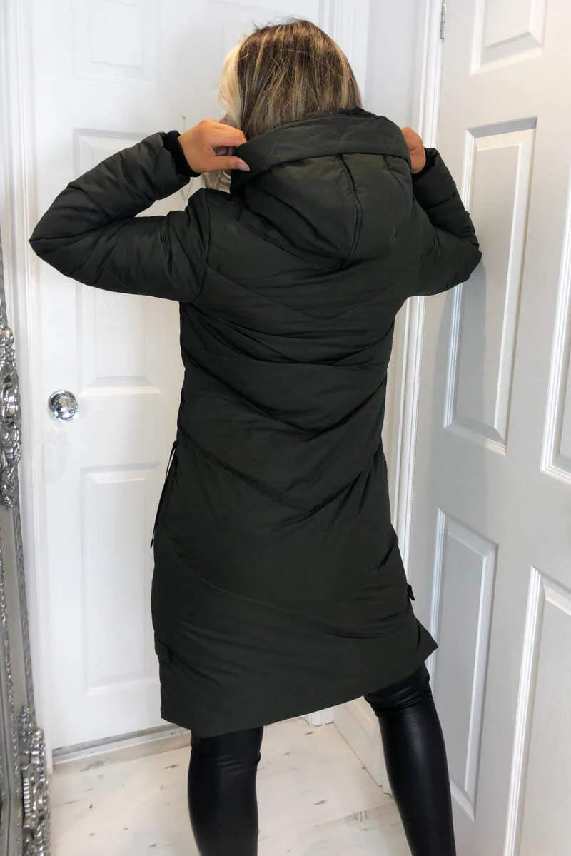 Khaki Hooded Long Line Puffer Coat - Image 5