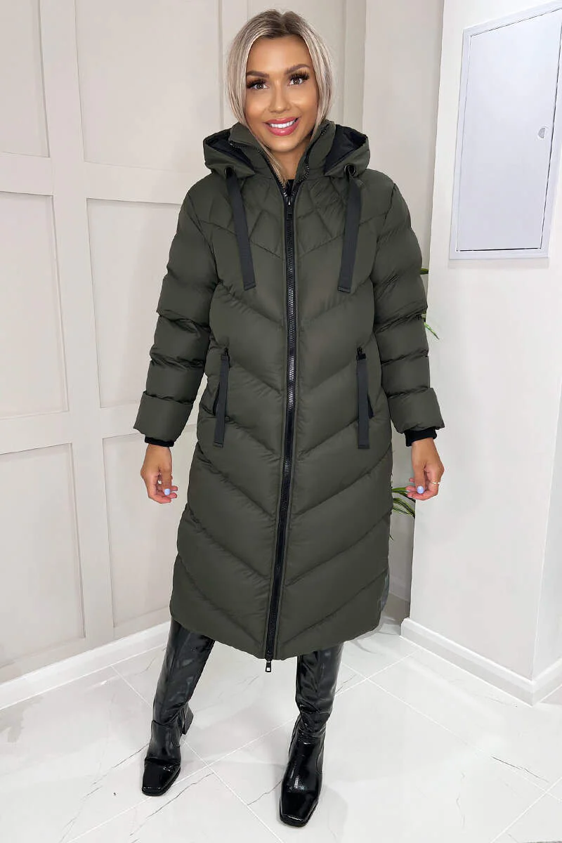 Khaki Hooded Puffer Coat with Zip Front Pockets - Image 2