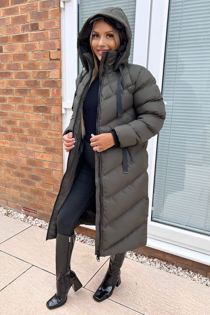 Khaki Hooded Puffer Coat with Zip Front Pockets - Image 3