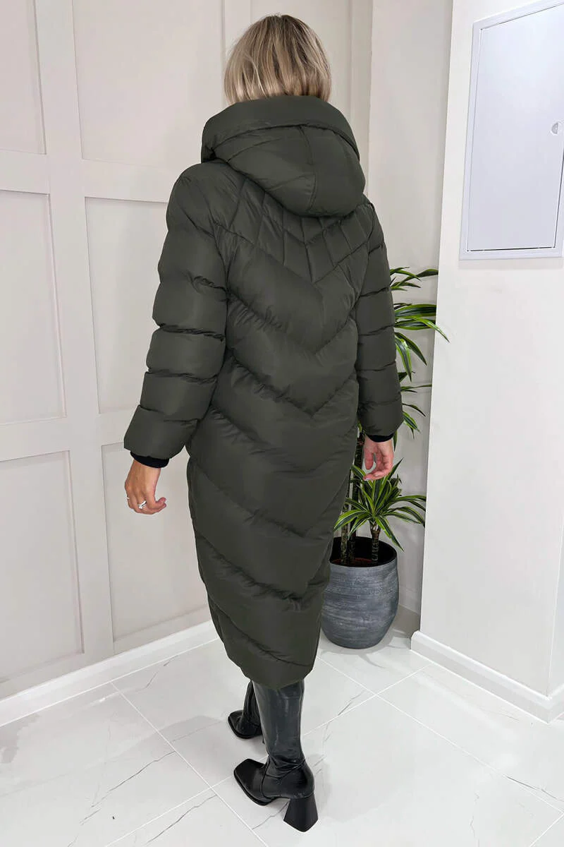 Khaki Hooded Puffer Coat with Zip Front Pockets - Image 4