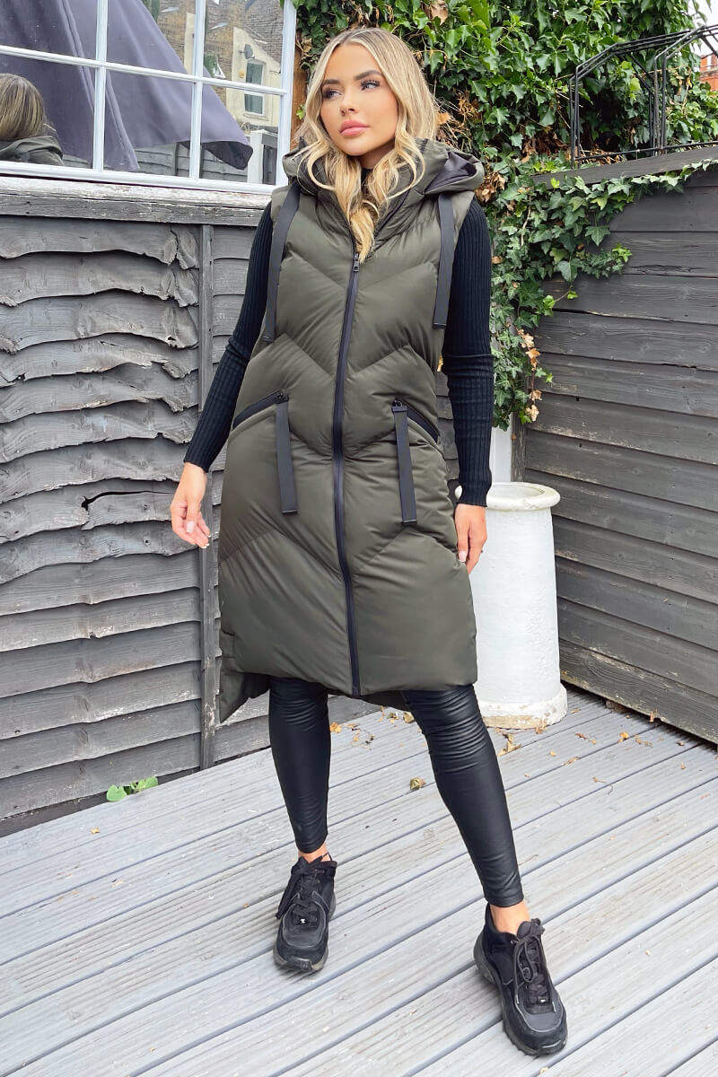 Khaki Hooded Zip Up Gilet - Image 3